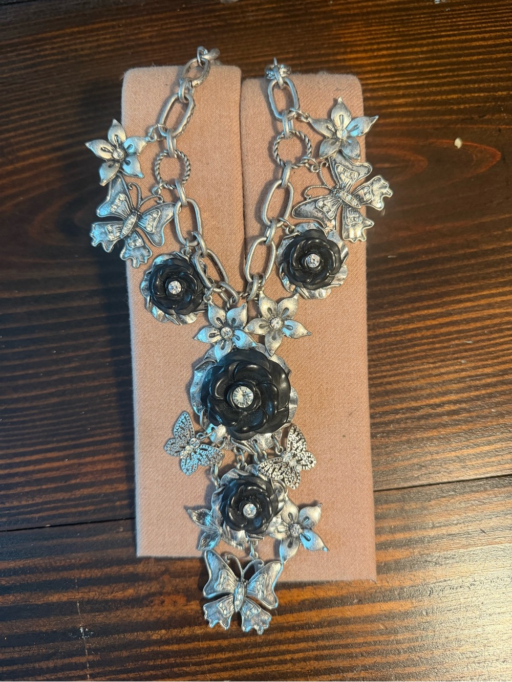 Bold Black Floral Statement Necklace with Silver Accents